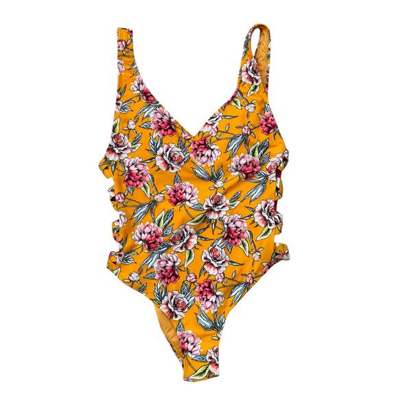 Xhilaration NWT Yellow Pink Roses Cut Out Sides One Piece Swim Size Large - Picture 1 of 4